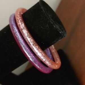 Small Glitter Filled Pink and Purple Soft Plastic Bangle Bracelets